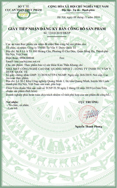 giấy chứng nhận kim thần khang